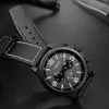A close-up shot of a men's wristwatch with a black leather strap. Produktbild-Vorschau