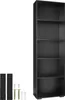 A tall, black bookshelf with multiple shelves is shown against a white background. To the left of the bookshelf are some mounting accessories, including two black straps and several screws and wall plugs. Náhled obrázku produktu