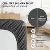 Close-up of a dark gray fitted sheet with text and icons highlighting product features. Produktbild-Vorschau