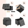 Collage of four images showing the assembly steps of a storage ottoman. Náhled obrázku produktu