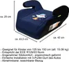 A blue child car seat booster with a space-themed design, showing dimensions and product features. Produktbild-Vorschau