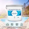 A bucket of pool chlorine tablets is placed in front of a swimming pool. Produktbild-Vorschau