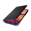 A black flip case for a Samsung Galaxy A20e phone is shown at an angle, with the phone's screen visible underneath the partially open case. Produktbild-Vorschau
