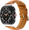 A smartwatch with a brown leather band is displayed against a white background. Náhled obrázku produktu