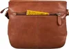 A close-up view of the back of a brown leather handbag with a yellow object peeking out of a zippered pocket. Produktbild-Vorschau