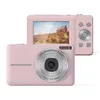 A pink digital camera is shown from the front and a slightly angled rear view, with the screen displaying a colorful image. Náhled obrázku produktu