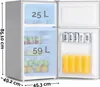 A YUNA Serebro GK85 E- IX refrigerator with its door open, showing dimensions and internal compartments. Produktbild-Vorschau