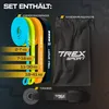 A set of resistance bands and accessories for fitness, displayed with their weight classifications and a storage bag. Produktbild-Vorschau