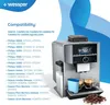 A coffee machine with two cups of coffee, a water filter, and coffee beans, with a list of compatible products. Produktbild-Vorschau