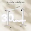 A white height-adjustable desk frame is shown, with large glowing numbers '30' and the word 'Minuten' overlaid on the image. Produktbild-Vorschau