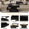 A black coffee table with its top lifted and drawers open, shown in a living room setting. The image is divided into multiple sections showcasing different features of the table. Produktbild-Vorschau