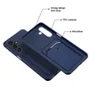 A dark blue phone case is shown with callouts highlighting its features. Produktbild-Vorschau