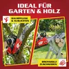 A collage showing a chainsaw being used to trim a tree and cut firewood. Produktbild-Vorschau