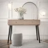 A vanity table with a mirror, flowers, and a stool in a well-lit room. Produktbild-Vorschau