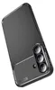 A black and gray carbon fiber textured phone case with a camera cutout is shown against a white background. Produktbild-Vorschau