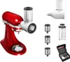 A red KitchenAid stand mixer with a food grinder attachment and various grinding accessories are displayed against a white background. Voir les images du produit