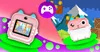 A pink digital camera with a screen and a pink instant printer are shown in a playful, pixelated video game-like setting with mountains, coins, and boxes. Anteprima dell’immagine prodotto