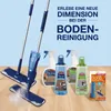 A Bona floor cleaning system with mops and cleaning solutions displayed on a wooden floor. Produktbild-Vorschau