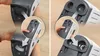 Close-up collage of hands demonstrating how to insert and remove a component from a white and gray appliance. Produktbild-Vorschau