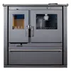 A front view of a gray wood-burning stove with glass doors and a thermometer. Produktbild-Vorschau