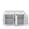 A white kitchen island with a wooden countertop is shown against a white background. The island has three drawers at the top and several cabinets and shelves below. Some doors are open, revealing the interior storage spaces. The island is on wheels. Voir les images du produit