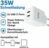 A white USB-C charger with text and icons describing its features and compatibility. Produktbild-Vorschau