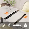 A close-up view of an extendable dining table with a marble-like finish, showing its extension mechanism and featuring icons representing product features. Produktbild-Vorschau