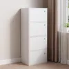 A tall, white, four-door cabinet is shown standing against a light gray wall, with brown curtains visible to the right. Náhled obrázku produktu