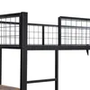 A close-up view of the metal frame of a bunk bed, showing the safety railing and support structure. Podgląd zdjęcia produktu
