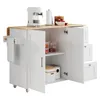 A white kitchen island with a wooden countertop, open doors revealing storage, and a towel hanging on the side. Podgląd zdjęcia produktu
