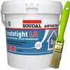 A bucket of Soudal Soudatight LQ liquid membrane with a paintbrush next to it. Produktbild-Vorschau