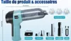 A diagram showing a cordless handheld vacuum cleaner and its accessories with dimensions and labels. Produktbild-Vorschau