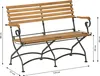 A product shot of a wooden and metal garden bench with dimensions indicated. Produktbild-Vorschau