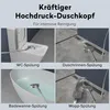 A collage of four images demonstrating the use of a high-pressure shower head for cleaning different bathroom fixtures and surfaces. Produktbild-Vorschau