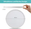 A hand is shown holding a thin, round LED ceiling light, with dimensions indicated. The text "Ultradünnes und flaches Design." is displayed at the top. Produktbild-Vorschau
