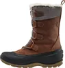 A side view of a brown winter boot with gray fabric accents and white faux fur trim. Anteprima dell’immagine prodotto