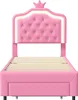 A pink upholstered twin bed frame with a crown-shaped headboard featuring LED lighting and crystal accents. Voir les images du produit