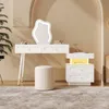 A modern white vanity set with a lighted mirror and a stool, set in a softly lit room. Voir les images du produit