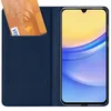 A dark blue flip case for a smartphone, with two credit cards inserted into a card slot. The smartphone screen displays a colorful wallpaper. Produktbild-Vorschau