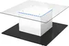A modern coffee table with a glass top, a white cube base with blue LED lights, and a black base. Voir les images du produit