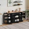 A black sideboard kitchen cabinet with a wooden countertop, filled with various kitchen items and storage solutions. Produktbild-Vorschau