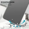 A clear phone case is shown falling and impacting a surface, demonstrating its drop-proof capabilities. Blue arrows indicate the direction of impact and force absorption. Produktbild-Vorschau