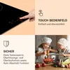 A collage of images showing a touch control panel of a cooktop, a graphic illustrating touch controls, safety icons and text, and two children cooking in a kitchen. Podgląd zdjęcia produktu