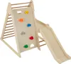 A wooden indoor climbing structure for children, featuring a climbing wall with colorful holds, a ladder, and a slide. Produktbild-Vorschau