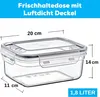 A clear plastic food storage container with dimensions and capacity indicated by text overlays. Produktbild-Vorschau