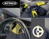 A collage of images showing a car steering wheel lock and alarm system, with a logo and a diagram. Voir les images du produit