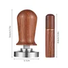 A coffee tamper and stirrer set with wooden handles and stainless steel bases, shown with measurement indicators. Produktbild-Vorschau