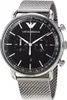 A close-up studio shot of a men's chronograph watch with a black dial and a silver mesh band. Náhled obrázku produktu
