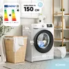 A washing machine and laundry basket in a brightly lit room. Voir les images du produit