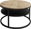 A round coffee table with a wooden top and a black metal frame and shelf. Produktbild-Vorschau
